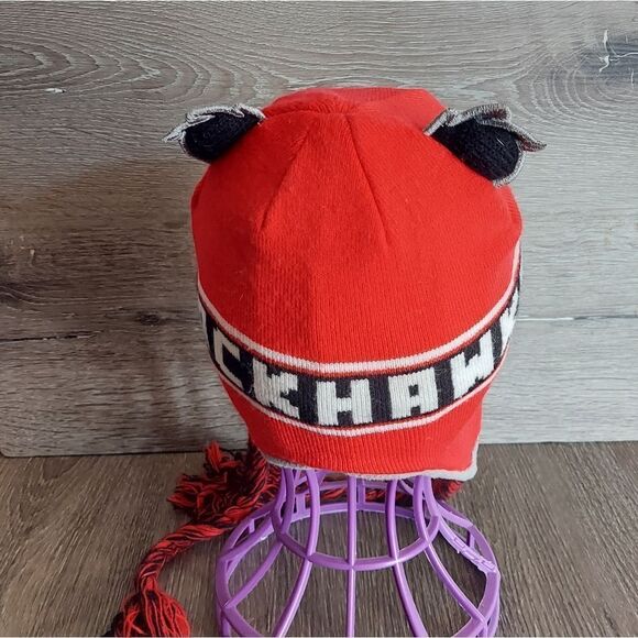 Kids Red Chicago Blackhawks Wordmark Ears Trooper Knit Tassel Hat - Picture 2 of 3